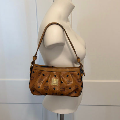 MCM Visetos Cognac Coated Canvas Shoulder Bag – Classic Monogram Mini Hobo Bag