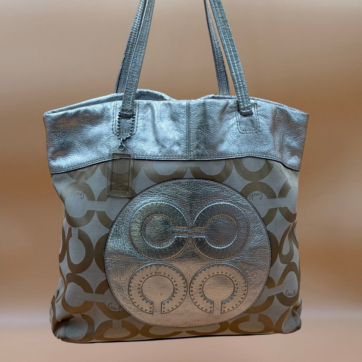 Authentic Coach Signature Metallic Silver & Khaki Canvas Tote Bag Rare Transparent Hang Tag