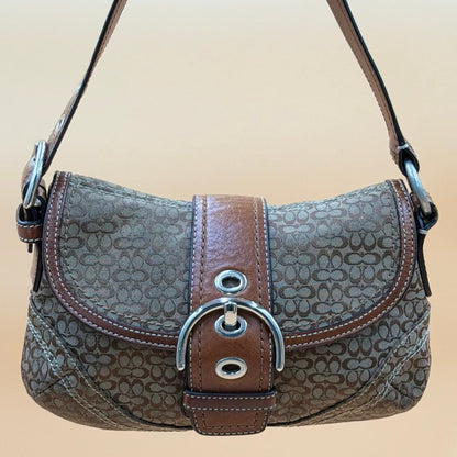 Coach Signature Canvas Flap Shoulder Bag with Buckle Accent – Khaki & Brown