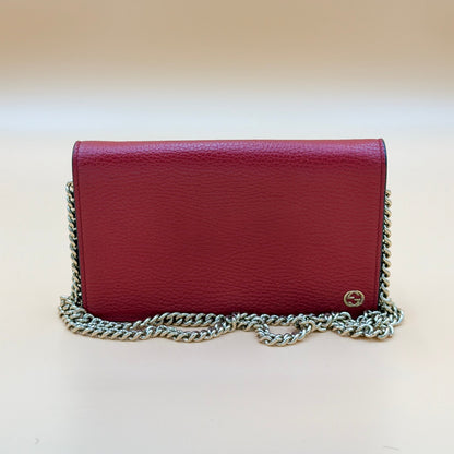 Authentic Gucci Interlocking G Chain Wallet – Red Pebbled Leather | 2-Way |