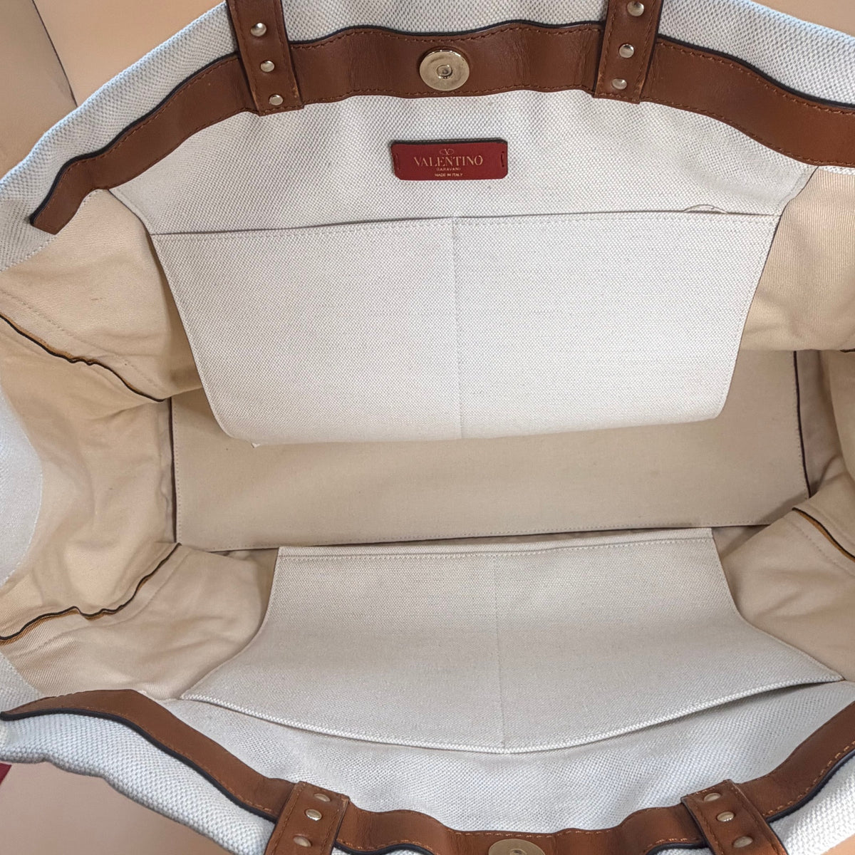 Authentic Valentino Garavani Rockstud Tote Bag Canvas & Leather | Ivory/Brown