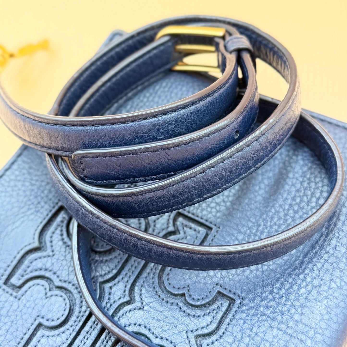 Tory Burch Royal Blue Pebbled Leather Crossbody Flap Bag Gold Tone Adjustable Strap