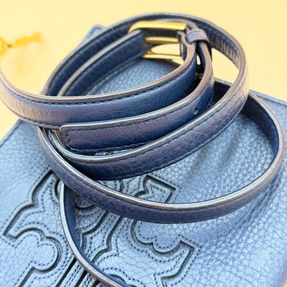 Tory Burch Royal Blue Pebbled Leather Crossbody Flap Bag Gold Tone Adjustable Strap