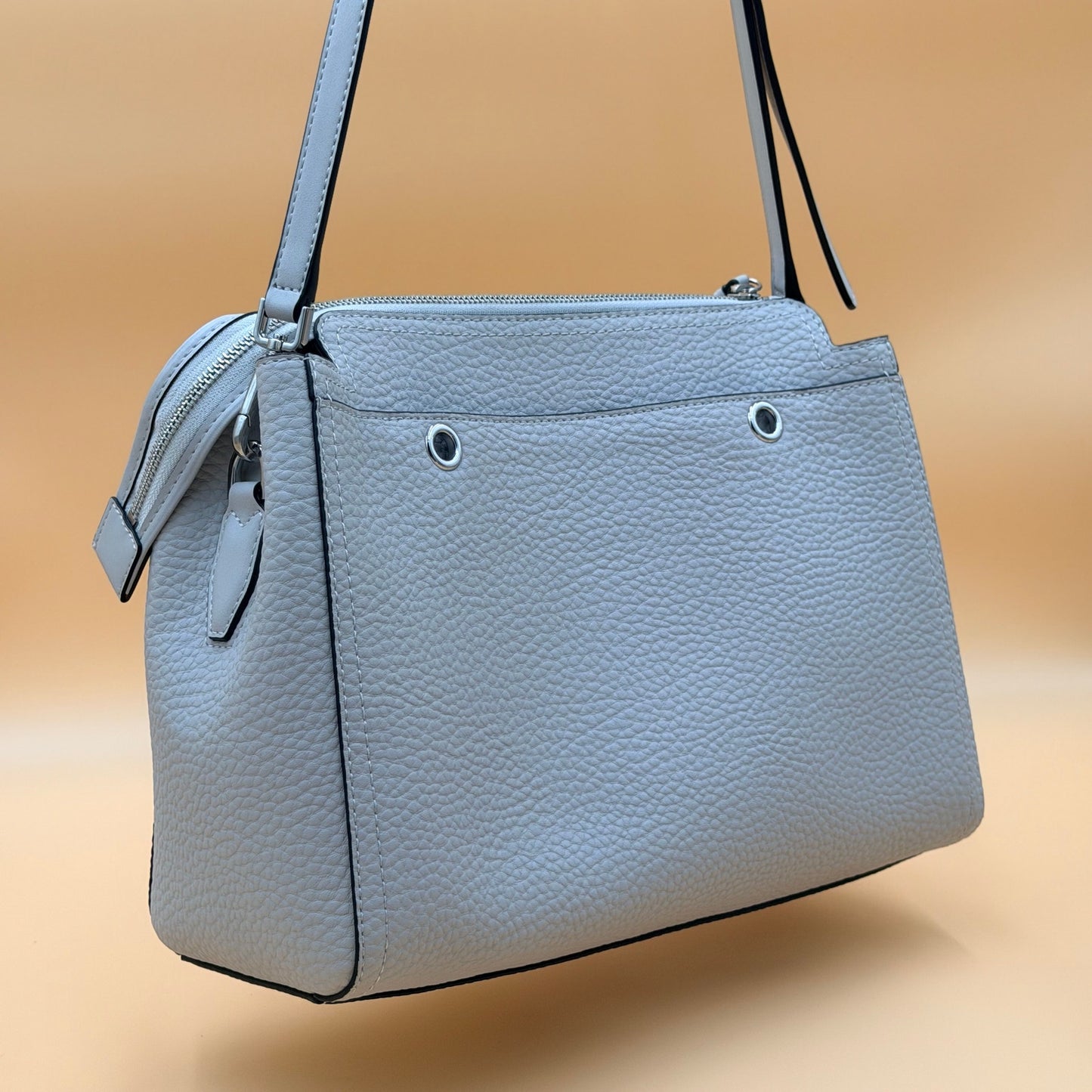 Calvin Klein Pebbled Leather Triple Zip Shoulder Tote Satchel Handbag Gray Silver