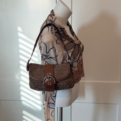 Coach Signature Canvas Flap Shoulder Bag with Buckle Accent – Khaki & Brown