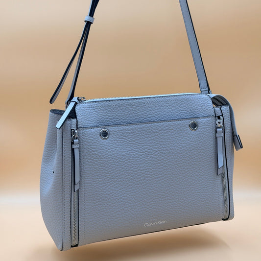 Calvin Klein Pebbled Leather Triple Zip Shoulder Tote Satchel Handbag Gray Silver