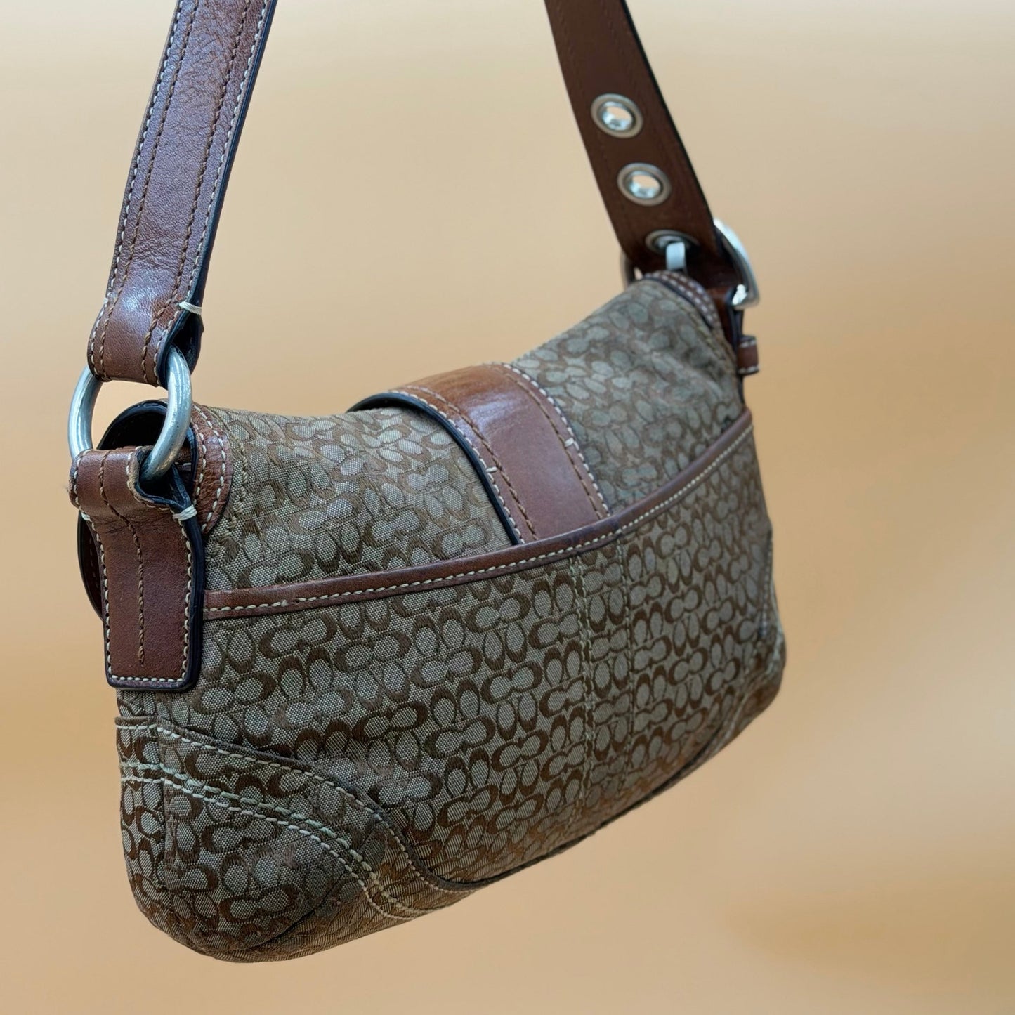 Coach Signature Canvas Flap Shoulder Bag with Buckle Accent – Khaki & Brown