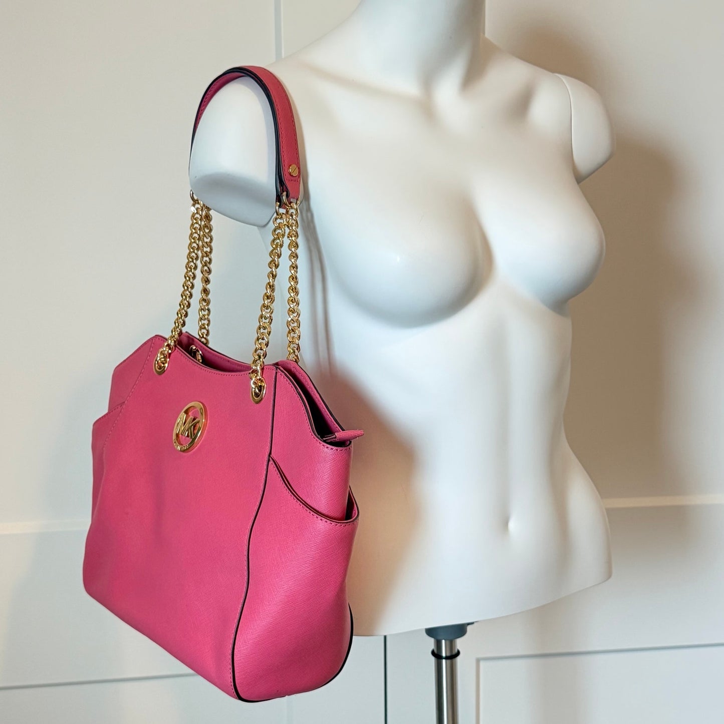 Michael Kors Jet Set Travel Large Chain Tote Tulip Pink Saffiano Leather Bag NWT
