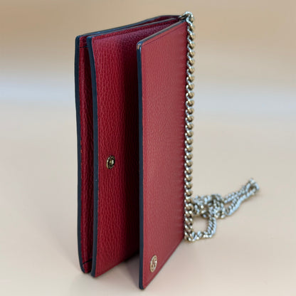 Authentic Gucci Interlocking G Chain Wallet – Red Pebbled Leather | 2-Way |