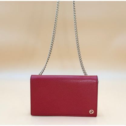 Authentic Gucci Interlocking G Chain Wallet – Red Pebbled Leather | 2-Way |