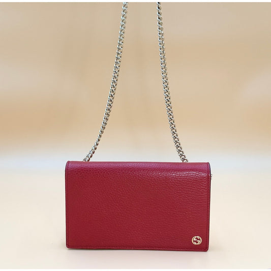 Authentic Gucci Interlocking G Chain Wallet – Red Pebbled Leather | 2-Way |