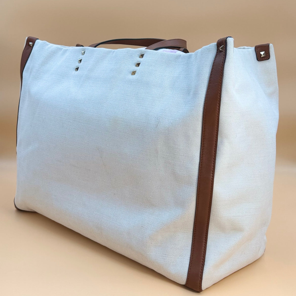 Authentic Valentino Garavani Rockstud Tote Bag Canvas & Leather | Ivory/Brown